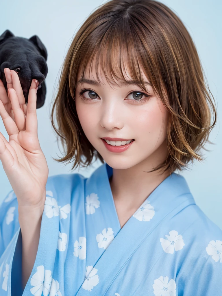 (Highest quality、8k、32K、masterpiece)、(RAW Photos)、(Realisticな)、(High resolution)、Very detailedな、Very beautiful face and eyes、One Girl、Round and small face、Delicate body、(close、Highest quality、Rich skin detail、Highest quality、8k)、Very detailed、(Realistic、Realistic:1.37)、Vibrant colors、(((Laughter)))、(((Blonde)))、(((Waving hands)))、(((smile)))、(((Cowboy Shot)))、(((Upper Body)))、(((White Background)))、((Medium Hair))、(((Pure white wall background)))、(((blonde)))、(((She is wearing a yukata with a pop design..)))、(((Brown and light blue yukata)))、(((Pure white wall background)))、