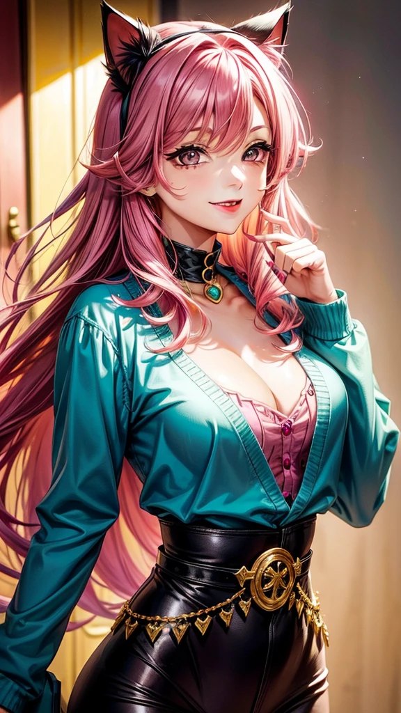 Magenta pink hair, brown eyes, older woman, hair ornaments, cat ears, long hair, smiling face, teal and gold outfit, pretty background, sexy, fashion