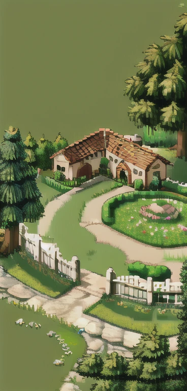 (masterpiece, top quality, Best Quality), pixel,pixel art, tree, outdoor, nonhuman, grass, scenery, day, flower, Bush, pond, cloud, rock, nature, building, fence, Clay pot, wooden house, pink minecraft