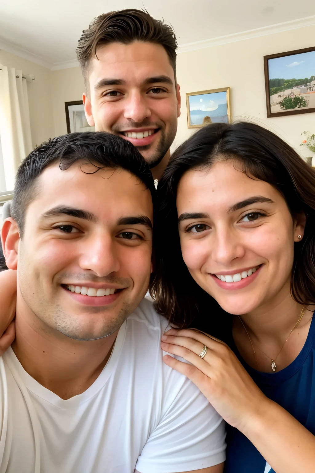Create an image in a humble family home, with a group of happy men and women people, motivated, starting your own business at Moments Paris, having Moments paris perfumes and moisturizers in your hands, mid afternoon light, traits of Uruguayan people, selfie style image 