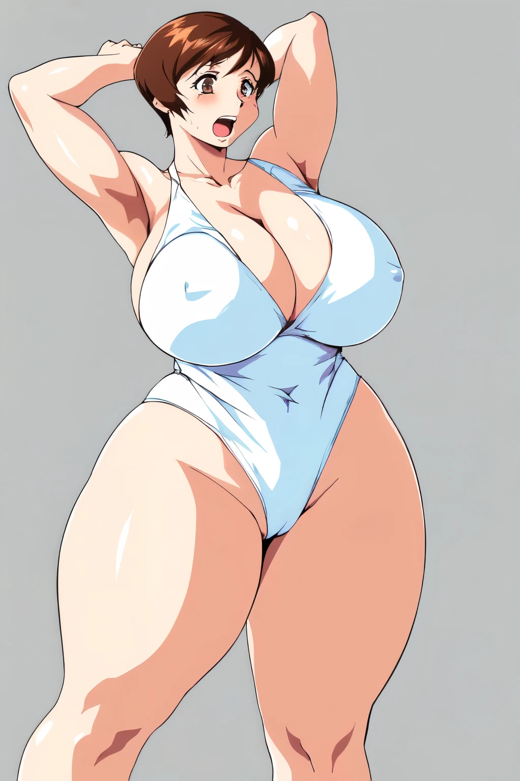 masterpiece, highest quality, High resolution, 1girl, solo,  intercographic imaghort hair, etsukoto, brown Eyes, fine grain, fine grain, (((Thick thighs, Plump thighs, Voluptuous thighs, Thighs alone are enough))), ((Huge and ample breasts, Cleavage, bigreasts)), big,((big breasts ortant))、((Naughty thighs(thin:1.4),(Tight waist:1.4),  (white swimsuit:1.4), (((Simple Background))), anguish, open mouth, ((Wide Hips)), Shiny, Oily skin, Mature mother, Calf, Seductive mature woman, milf, Perfdy, Plus Size Model, curvy, ampsukoto, blush,vicle, retro artstyle, 1990s (style), (thick thighs:1.4), (from side:0.8), standing, (((leaning back))), arms up,