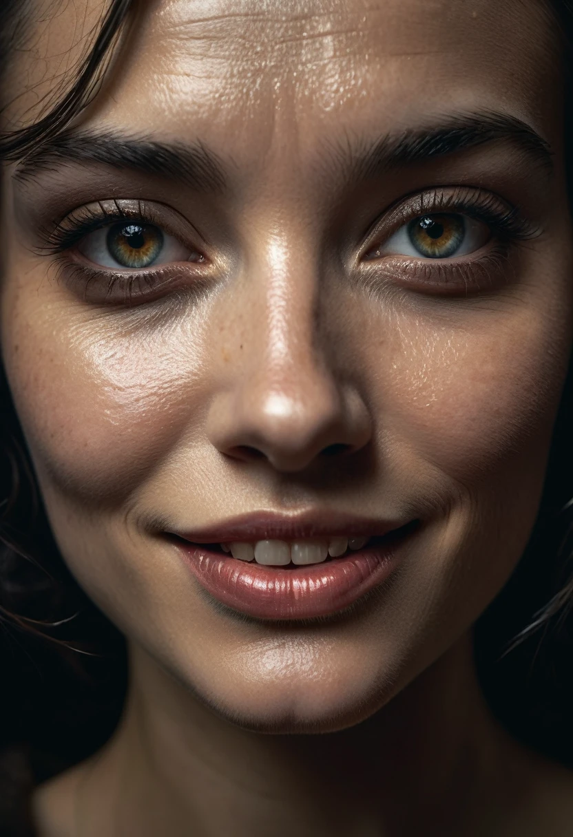 close-up, editorial photograph of a woman, highly detailed face:1.4, smile:0.7, background inside dark, moody, private study:1.3, POV, by lee jeffries, nikon d850, film stock photograph ,4 kodak portra 400 ,camera f1.6 lens ,rich colors ,hyper realistic ,lifelike texture, dramatic lighting , cinestill 800,, perfect composition, beautiful detailed intricate insanely detailed octane render trending on artstation, 8 k artistic photography, photorealistic concept art, soft natural volumetric cinematic perfect light, chiaroscuro, award - winning photograph, masterpiece, oil on canvas, raphael, caravaggio, greg rutkowski, beeple, beksinski, giger