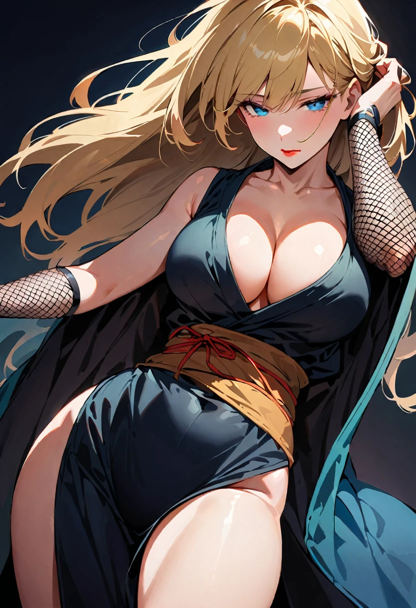 ung beautiful woman,(Highest quality,Extremely detailed depiction,Incredibly absurd high resolution,Anatomically accurate depiction,Curvy Legs),(Glowing Skin,Shiny skin),,(blonde,Pin one side of your hair back,Side Blade,Large Breasts,Black bodysuit,Ninja costume,Fishnet arms,Cowboy Shot,Model pose,),(Blue Eyes,Detailed pupil,Half-closed eyes:1.3,Shadowed face,lipstick,There is cleavage in the chest,Cool look),eyelash,Standing posture