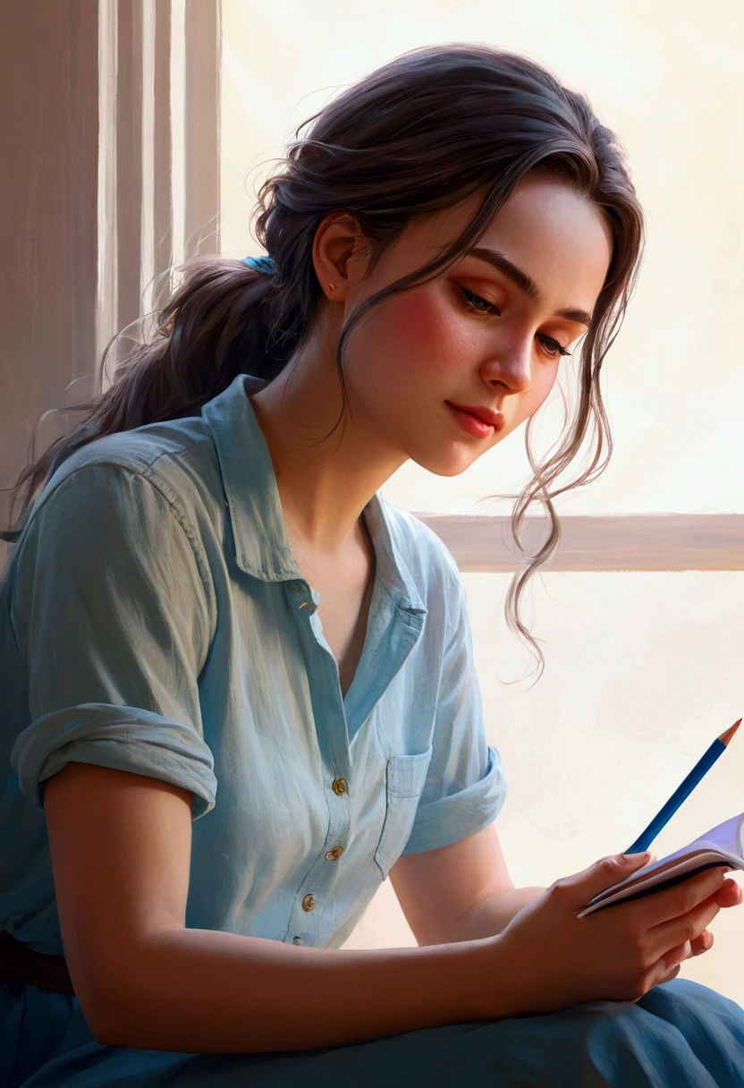 A woman sitting beside a , looking at her with a loving expression. The is drawing in a notebook. The image should be bright and airy, representing the girl's freedom to express herself. in the style of artstation trend cinematic, colorful