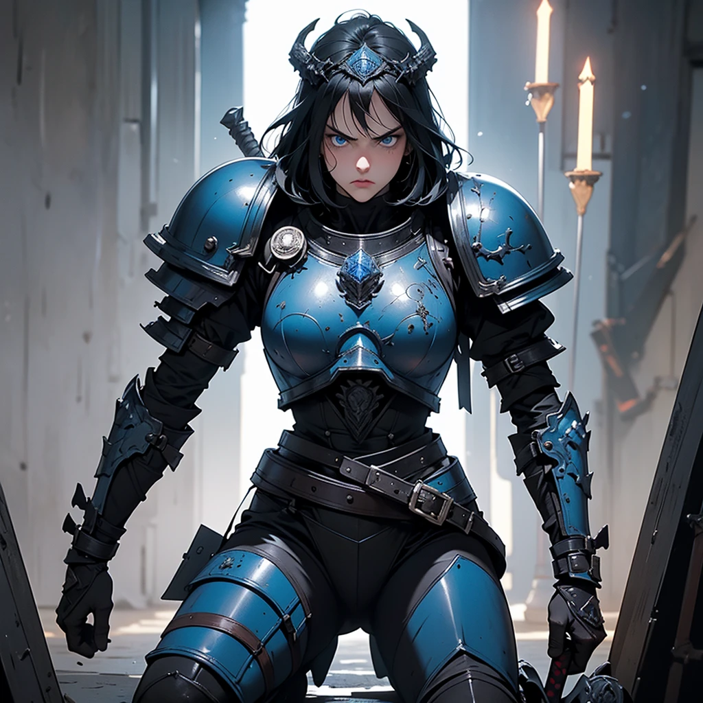 1girl, black short hair, blue eyes, wearing black berserk armor berserk helmet, kneel, supporting his body with a sword, angry face, 8K, Hi-Res, UltraSharp