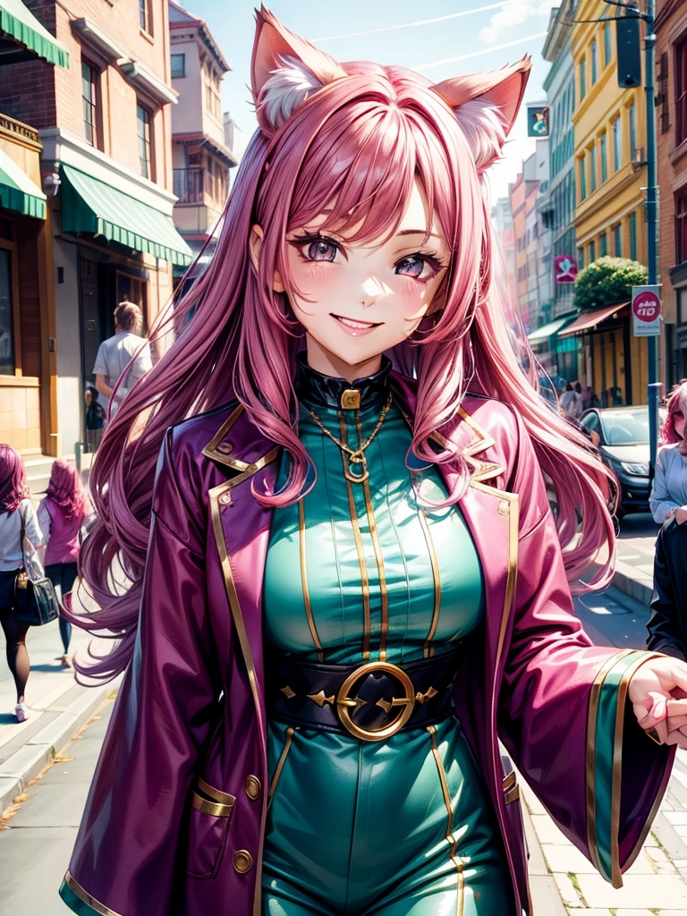 Magenta pink hair, brown eyes, older woman, hair ornaments, cat ears, long hair, smiling face, teal and gold outfit, pretty backgrounds, sexy, fashion clothes