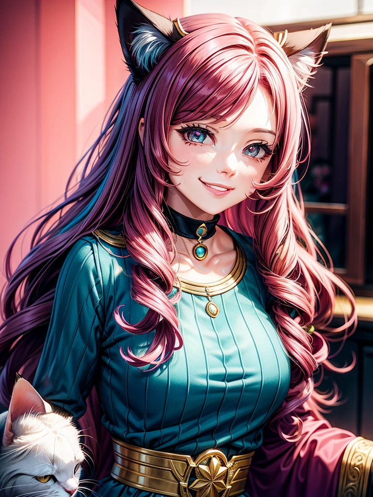 Magenta pink hair, brown eyes, older woman, hair ornaments, cat ears, long hair, smiling face, teal and gold outfit, pretty backgrounds, sexy, fashion clothes