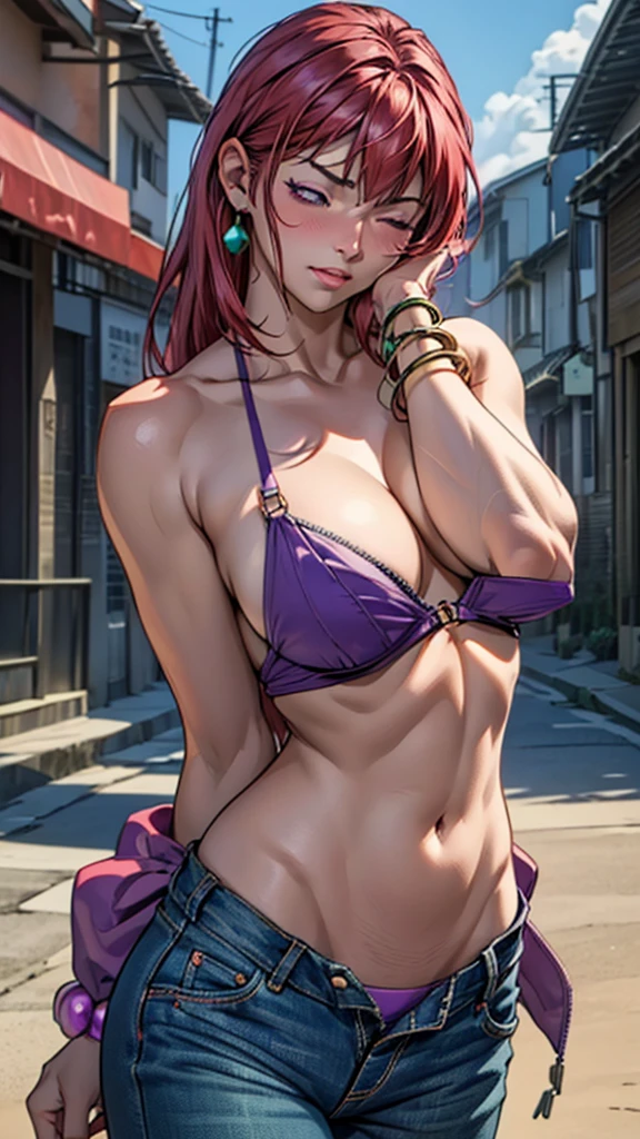 8k, masterpiece, view from the front, solo, 1girl ((takashirohiroko, arms covering crotch, slim figure and detailed hands, detailed fingers, detailed eyes, detailed lips, sexy, bangle, bangs, bare shoulders, belt, purple bikini, purple bikini top only, blue sky, bracelet, breasts, purple eyes, cleavage, cloud, cowboy shot, day, denim, round green earrings, floating hair, green belt, purple bikini, groin, unzipped low hipster jeans, g-string, jewelry, large breasts, log pose, long hair, looking at viewer, navel, red hair, pants, sidelocks, sky, standing, stomach, swimsuit, (facial expression: having orgasm, blushing, eyes closed, head tilted back)), by the beach at night, moonlight, nsfw,