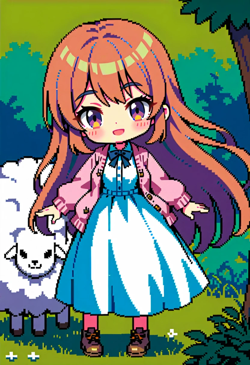 masterpiece, Highest quality, 8k, Pixel art, Vivid, woman, 若いwoman, smile, cute, Facing at an angle, Open your mouth, Fluffy long hair, Hair like sheep's hair, Pink Hair, Thick eyebrows, one piece, Pink clothes, Long skirt, cardigan, 水色のcardigan, Brown shoes, ((Fluffy big sheep, 羊の背中にwomanが乗っている, 羊 on woman)), grassland, Flock of sheep