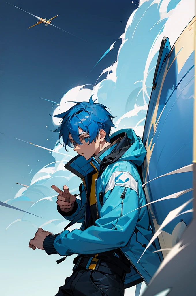 male, blue hair, Adult, jet jacket, goggles