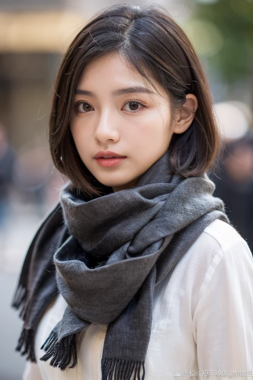 beautiful and attractive, 23-year-old Thai girl, 162-centimeter height, natural-ivory skin tone, (rounded-face), little-eyes, black eyes, (((Korean monolid-eyes))), (clear-detailed eyes), centered-focus eyes, natural-gloss full-lips, (straight long-bob haircut), ((gray and silver highlights on black hair)), (clear-detailed hairs), ((naked small-breasts)), hourglass-slim figure, narrow shoulders, long neck, slim waist, rich-detailed skin texture, skin detention, white crop-tops, high-waist blue skinny-denim, Cartier’s rose-gold love necklace, (clear rich-detailed necklace), (((too tight Parisian-scarf with a big-knot scarf tightly strangle neck and long-tail scarf behind back))), ((rich-detailed scarf texture)), (((linen-cotton ribbed beige-color scarf with scarf-knot and tail))), look up to viewer, best highly-details and quality, 8k, HD photo