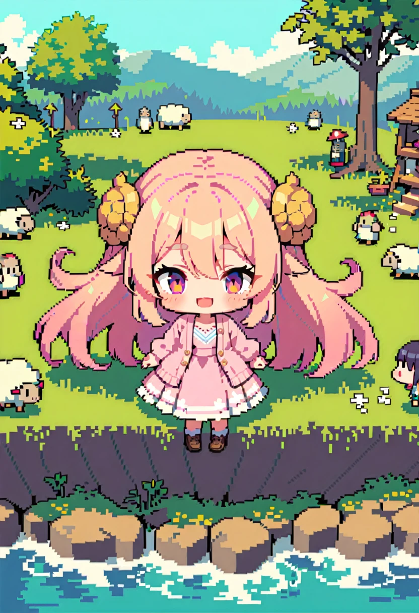 masterpiece, Highest quality, 8k, Pixel art, Vivid, woman, 若いwoman, smile, cute, Facing at an angle, Open your mouth, Fluffy long hair, Hair like sheep's hair, Pink Hair, Thick eyebrows, one piece, Pink clothes, Long skirt, cardigan, 水色のcardigan, Brown shoes, ((Fluffy big sheep, 羊の背中にwomanが乗っている, 羊 on woman)), grassland