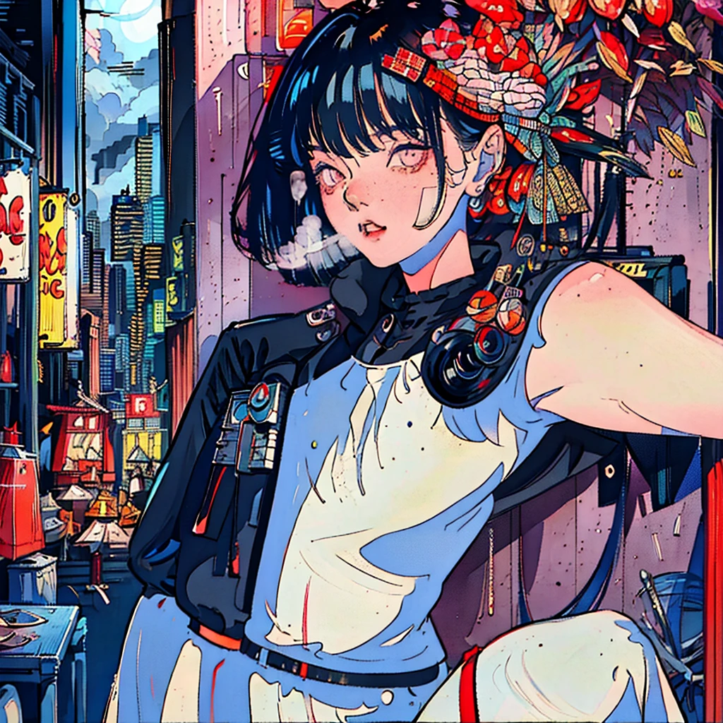 Beautiful red-haired Asian woman sitting in a restaurant at night, Visible from the window, perfect face, sunglasses, Smoking white Taylormade cigarettes, Neon Black, (backlight: 1.1), Solid shadow, Masterpiece, Highest quality, complicated, Model shooting style, vintage, Film texture, Incomplete details,smoke,cigarette