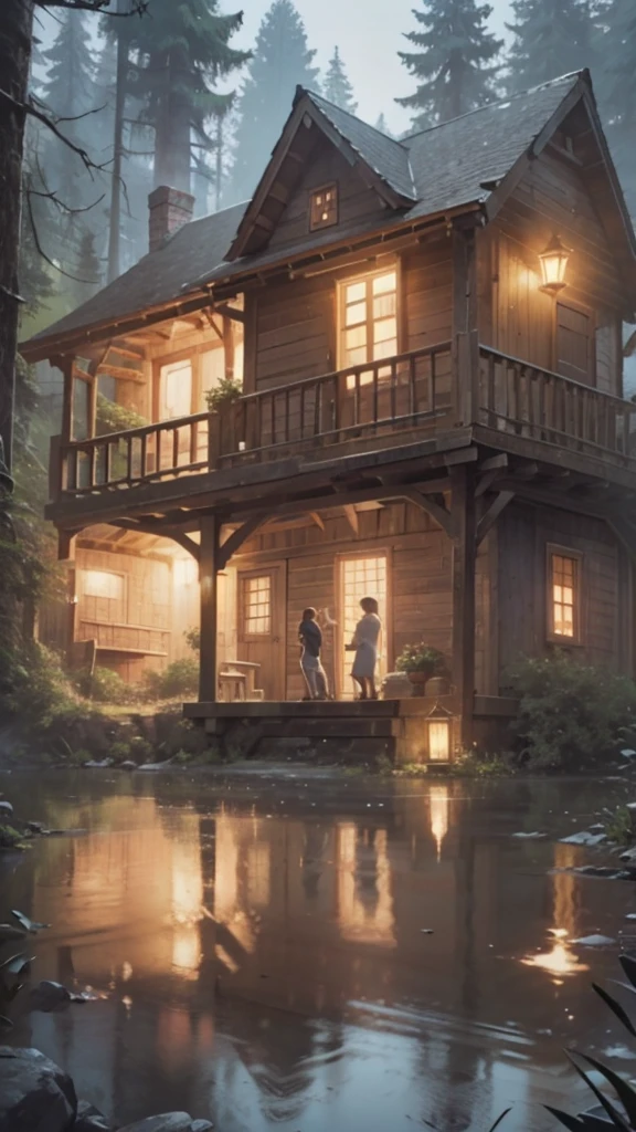A couple is romancing naked inside a wooden house in the middle of the forest. It is evening.