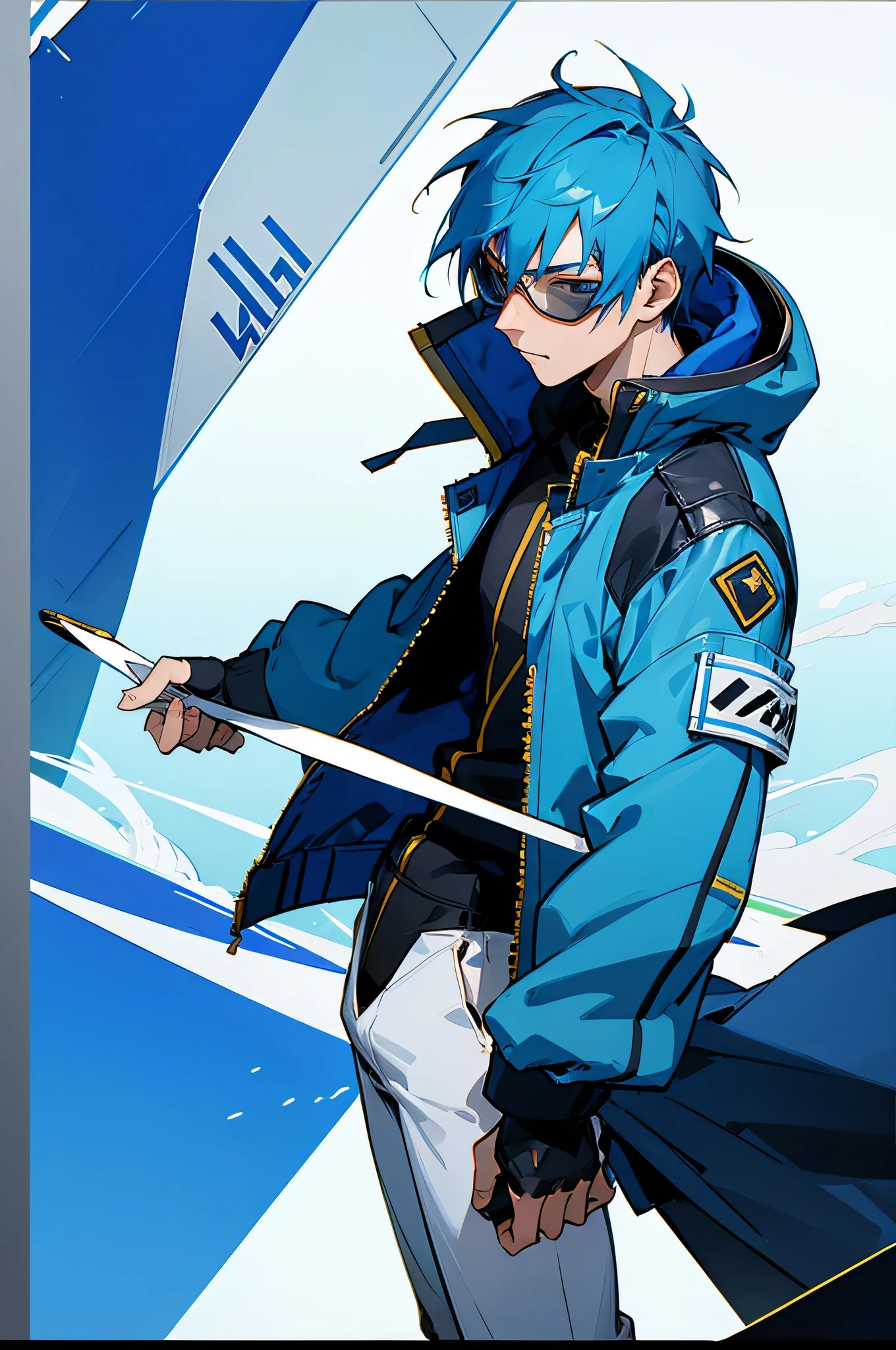 male, blue hair, Adult, jet jacket, goggles