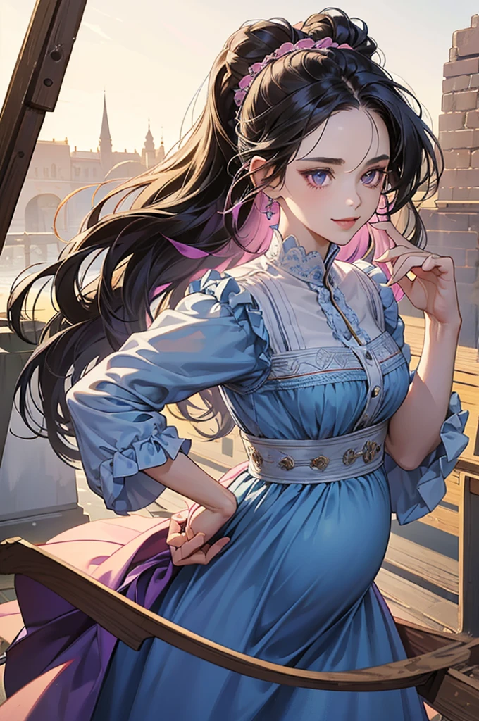 ((best quality)), ((masterpiece)), ((detailed)), ((1girl)), Hunter x Hunter screenshot of a pregnant female in long loose pregnancy dress outfit, soft puffy, a character portrait including heart shape face, dark purple eyes, straight dark black long hair, dark black long hair, hair up, two roofs hair, smiling, short scandals, variety of body styles, gentle fantasy art, beautiful character painting, normal place, in park background, epic and exquisite character art, stunning character art, beautiful girl.