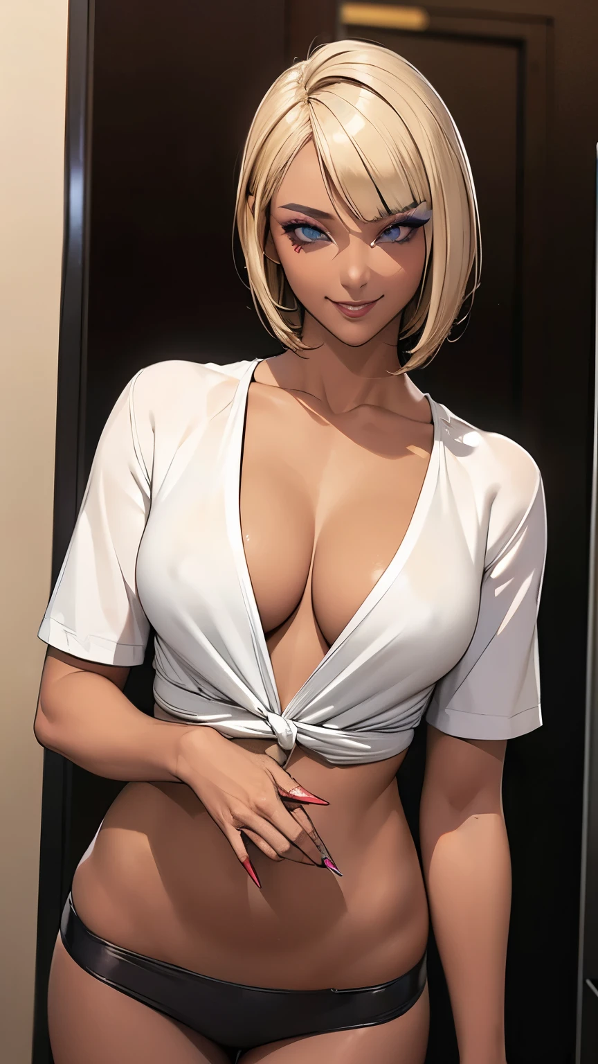 A sexy and cool gal student is taking off her clothes in the entrance、(Sexy smile:1.36),(Dark Skin:1.5)、(Colored contact lenses:1.25).(makeup:1.25).(eye shadow:1.15),(eyeliner:1.2),(Blonde asymmetrical bob cut hairstyle:1.15),、At the hotel
