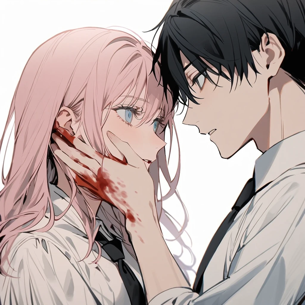 1 older woman with long, light pink hair and blue eyes,with unger boy with short black hair and gray eyes,(she holding his face, they looking at each other), ((Couple)),both with a white blouse and a black tie,White background, (blood-stained clothes ),chainsaw man style