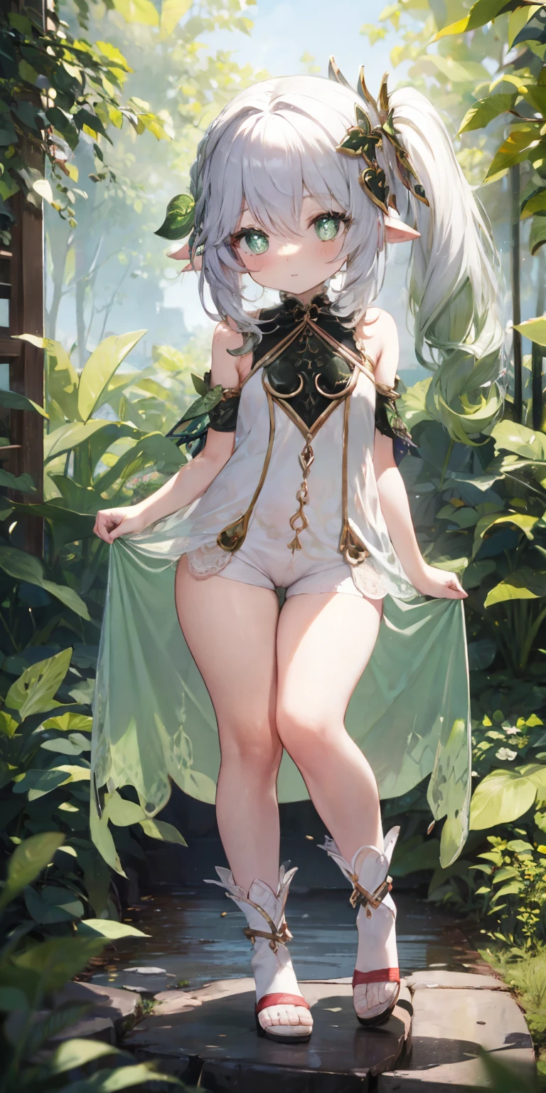 Thick thighs,Nahida,, , ,, flat chest, fullbody, head to toe capture on the frame, toes, thick thighs, bloomers, bend over, showing her bum( buttutdoor, cute girl, cute , one piece dress