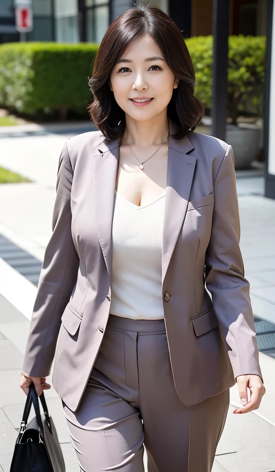 Beautiful Japanese Women、Beautiful Mature Woman、Classy sex appeal、sexy、Perfect Lighting、Beauty、Transparent beauty、8K High Resolution、Beauty in natural light、High resolution、Photorealistic、Masterpiece、Gravure quality、55-year-old Mrs.、smile、Plump figure、business suit、Walking through the business district