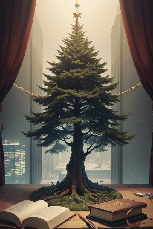 For a less simple and abstract image, you can opt for a more detailed and figurative representation of the theory of the State. Here you have an idea to paint a work that mixes symbolism with narrative details:
**Title of the work:** *The State Mosaic*
**Image Composition:**
1. **Center of the image:**
- **State Tree:** In the middle, paints a large sturdy tree with deep roots extending downward and branches extending upward. The tree symbolizes the solidity and growth of the State. Each branch represents one of the three branches of power: executive, legislative and judicial.
2. **The Branches of the Tree:**
- **Executive branch:** From one of the main branches, elements that represent administration and management hang, like a judge's gavel, a scroll with laws, and management symbols such as a desk and documents.
- **Legislative Branch:** Another branch has law books, a speech microphone, and a set of pens and ink, representing the function of creating and debating laws.
- **Rama Judicial:** On the third branch, paints a scales of justice, a judicial robe and a book of jurisprudence.
3. **The tree trunk:**
- **State Structure:** The trunk of the tree is decorated with maps, city plans and infrastructure symbols, representing the structure and organization of the State. You can include details such as government buildings, schools and hospitals to show the functionality of the State.
4. **Tree Roots:**
- **Fundamentals and Citizenship:** The roots of the tree extend into the ground, showing elements that represent the basis of society, as figures of citizens interacting, voting and participating in community meetings. Also includes symbols of education and work to reflect the support base of the State.
5. **bottom:**
- **landscape:** The background shows a landscape that evolves from a messy terrain on the par