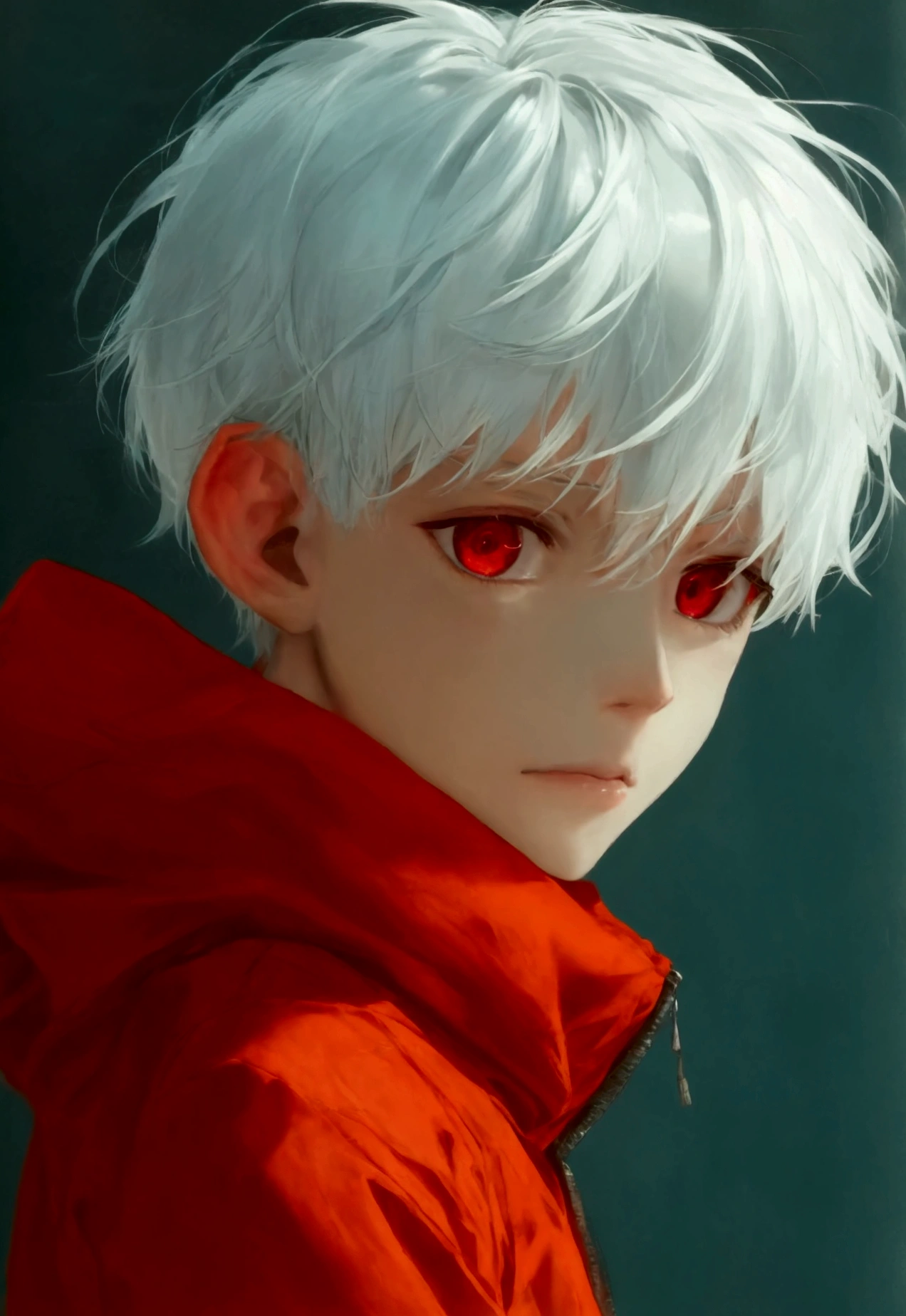 Boy ************, short white hair, playful look, red eyes, simple red clothes, cute, manipulative