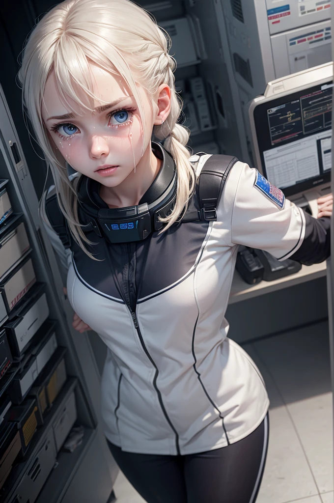 white skin, sad tears, sweat, device room,operator uniform, standing, perfect anatomy, cg, girl, solo, age