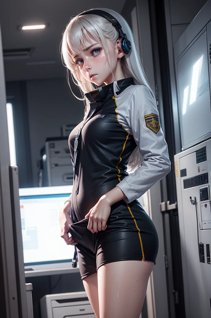 white skin, sad tears, sweat, device room,operator uniform, standing, perfect anatomy, cg, girl, solo, age