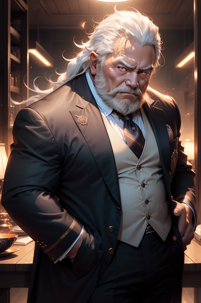 Old Man, Yui,royal commander, thick body, a little chubby,Gorgeous suits,Long tie,White beard,White hair,Handsome,Grassy, sharp gaze, In the cage,Glowing red eyes, big bulge, Standing, Hide your hands behind your hips, HD quality, masutepiece, Extremely detailed, Looking to the Viewer, perspective view, nffsw, 64k uhd, Unreal.(highly detailedskin), (Detailed face), Detailed background, Dark lighting, Twilight Lighting, Volumetric lighting, Intricate details, nffsw、he has a very erotic pose