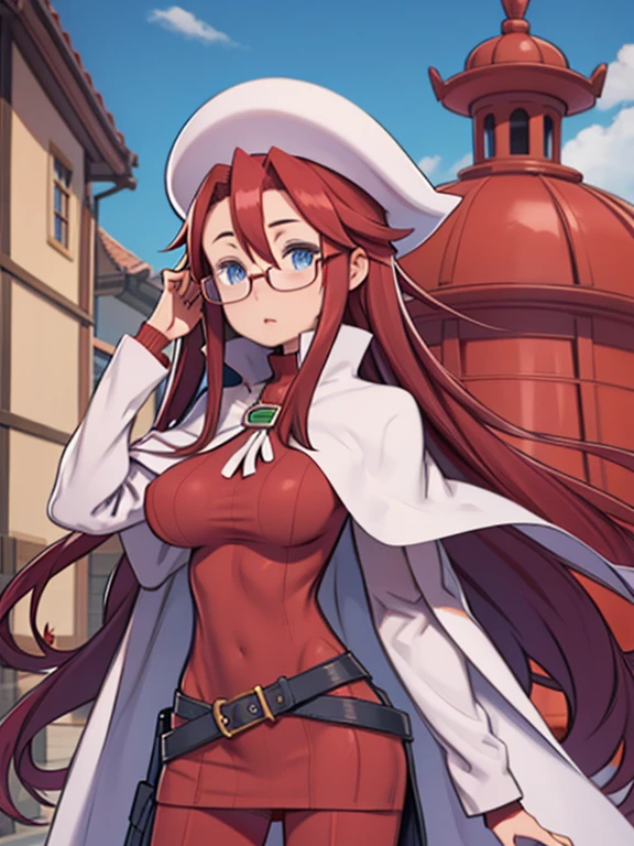 One Girl、Red hair、long hair、Hair between the eyes、Blue Eyes、Big Breasts、Huge breasts、Red turtleneck sweater、beret、Cape、Glasses、Are standing、Front view、