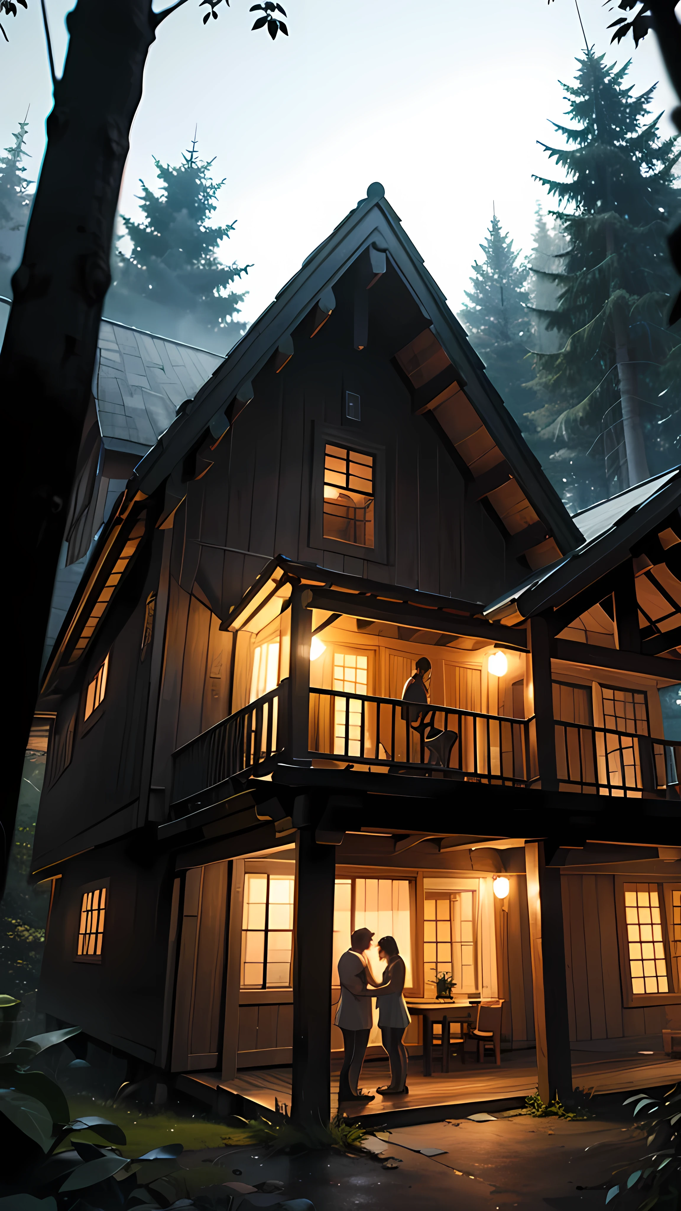 A couple is romancing naked inside a wooden house in the middle of the forest. It is evening.