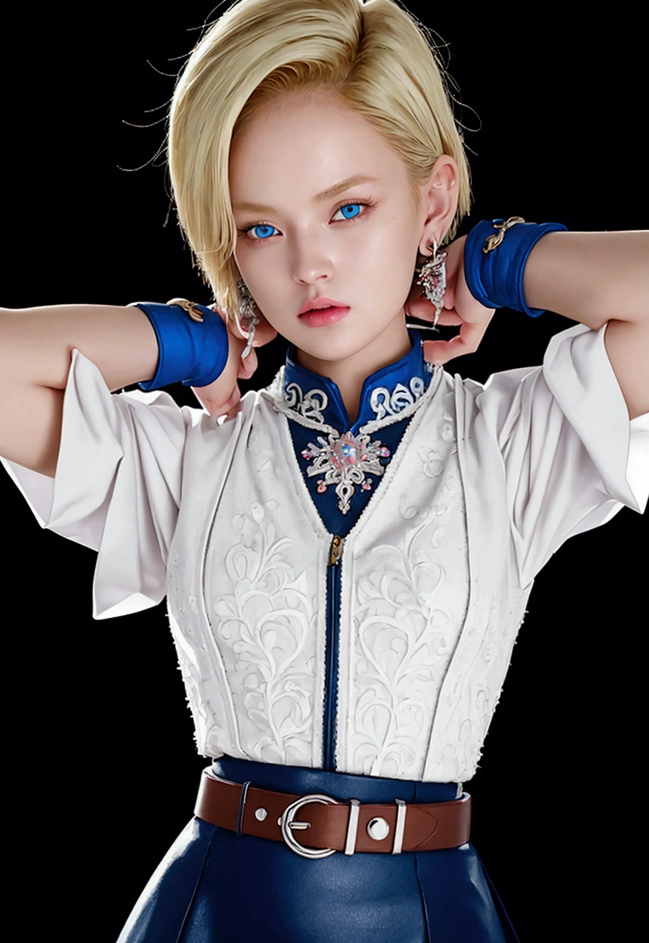 1girl, android18 from "Dragon Ball", cute pose, sysdeep_android18, cyborgc18dbz, DB_Android_18, a woman, jewelry, blond hair, Short hair, earrings, blue eyes, belt, necklace, blue skirt, black fingerless gloves, white shirt, vest, hoop earrings, short sleeves, bracelet, pearl necklace, black belt, belt buckle, (masterpiece, best quality, Professional, perfect composition, very aesthetic, absurdres, ultra-detailed, intricate details:1.3)