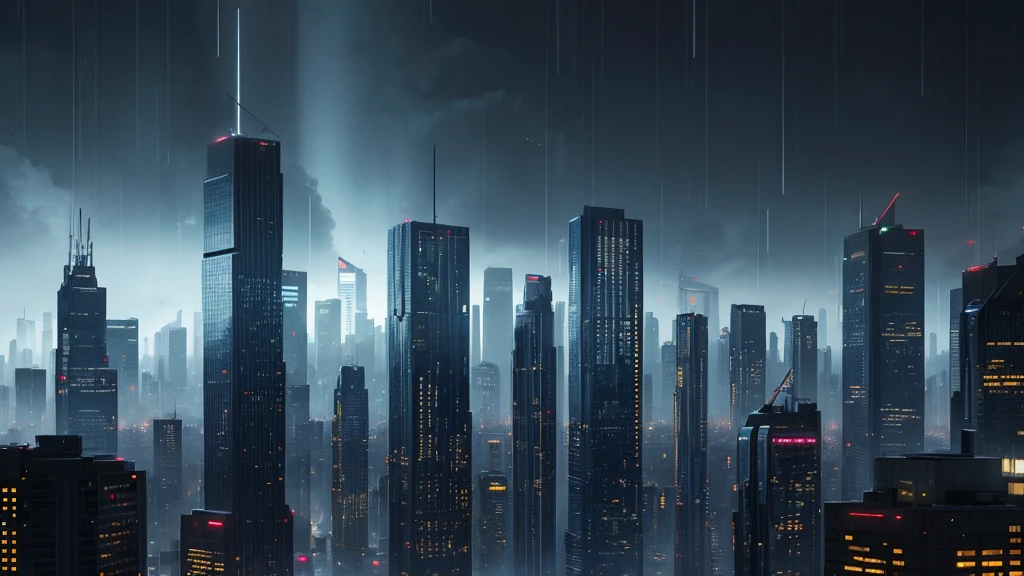 futuristic dystopian city, clear rainy night, many people, Tall buildings.
