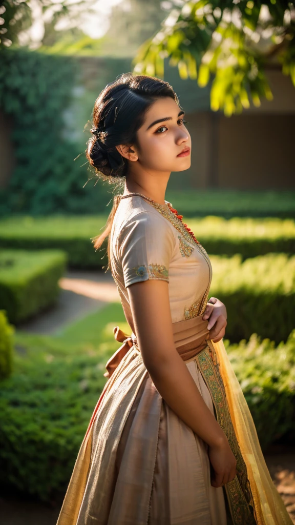 a young man, 20 years old, wearing a women's dress, undercut hairstyle, V-shaped beard, stylish and confident, standing in a pune house yard, detailed face, intricate dress, dramatic lighting, cinematic composition, hyperrealistic, 8k, high quality, masterpiece