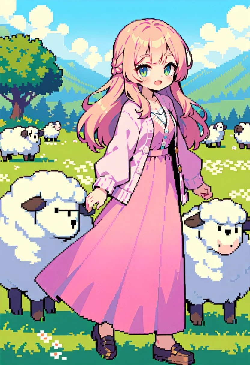 masterpiece, Highest quality, 8k, Pixel art, Pixel art, Vivid, woman, 若いwoman, smile, cute, Directed at an angle, Open your mouth, Fluffy hair, Long Hair, sheepの毛のような髪, Pink Hair, eyebrow, 太いeyebrow, one piece, Pink clothes, Long skirt, Spread your wings, cardigan, 水色のcardigan, shoes, 茶色いshoes, grassland, ((sheep, もこもこのsheep, 大きいsheep, sheepの背に女の子が乗っている)), sheepの群れ