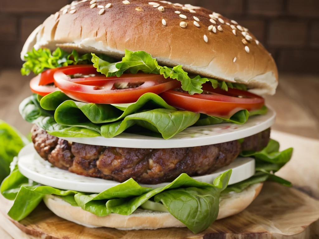 create an image of a handmade burger.Include icons or symbols that represent the idea of an artisanal burger. This could be a stylized burger, and ingredients such as lettuce leaves, tomatoes and red onion cut into strips.Use colors that evoke the quality and tradition of artisanal burgers. shades of brown (for bread), rot (for meat), AND verde (for fresh ingredients) can be combined with neutral colors like black or cream for a sophisticated look.