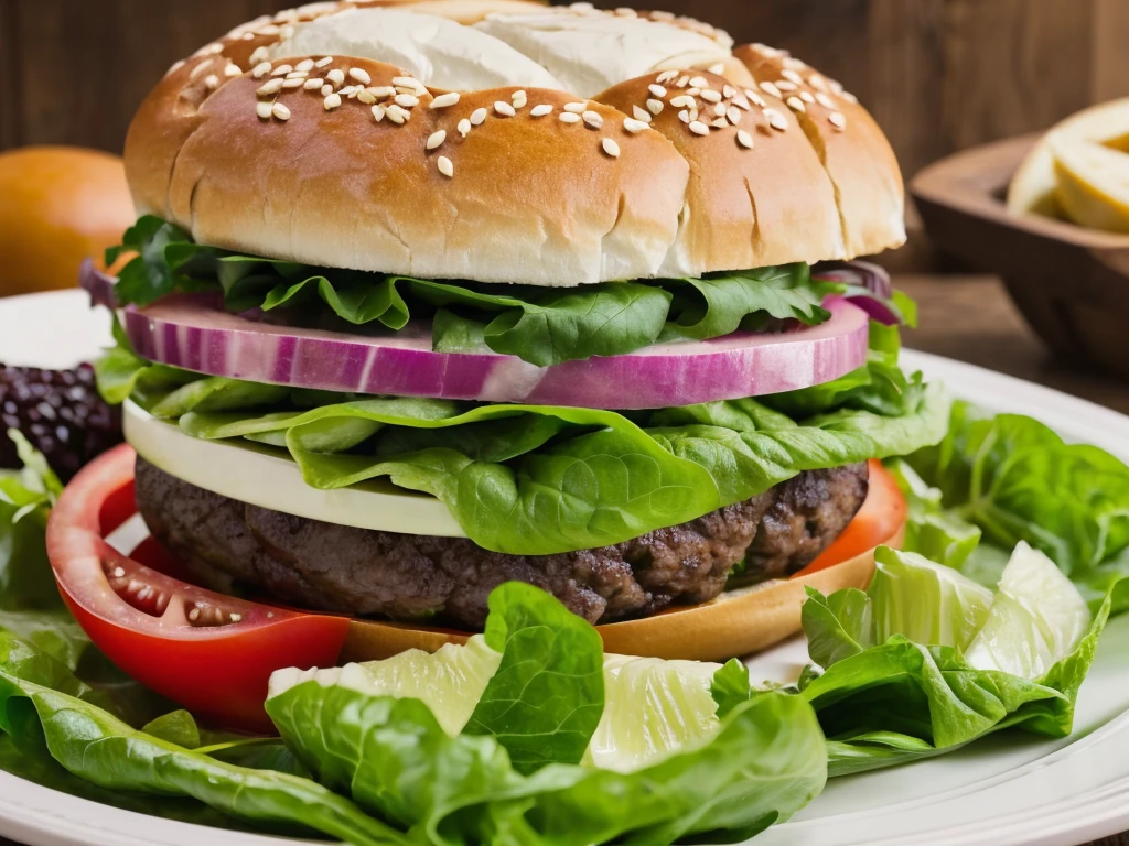 create an image of a handmade burger.Include icons or symbols that represent the idea of an artisanal burger. This could be a stylized burger, and ingredients such as lettuce leaves, tomatoes and red onion cut into strips.Use colors that evoke the quality and tradition of artisanal burgers. shades of brown (for bread), rot (for meat), AND verde (for fresh ingredients) can be combined with neutral colors like black or cream for a sophisticated look.