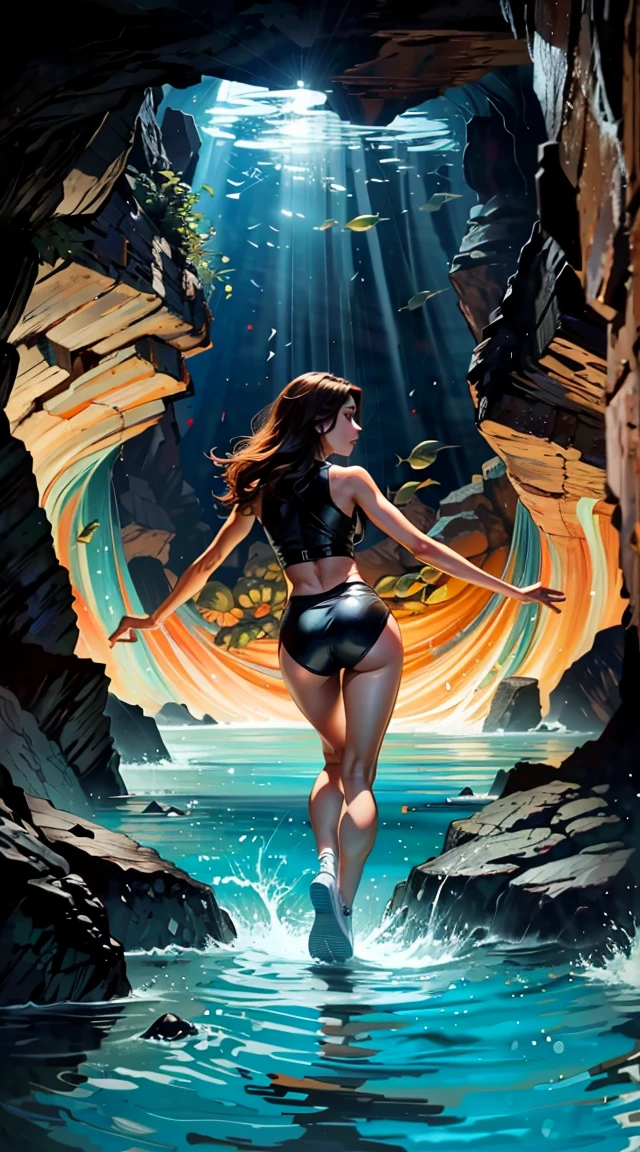 Not Frank Cho style, whole body, 20 years – ((High definition)), ((4K)), ((mulher das cavernas)) swimming towards the viewer, looking back, in an underwater cave, sendo seguido por um monstro marinho gigante. roupas rasgadas, peito exposto. Near average angle, dynamic pose, ambiente pouco iluminado, claustrophobic dinner. Estilo de capa de quadrinhos, pencil art, aquarela.