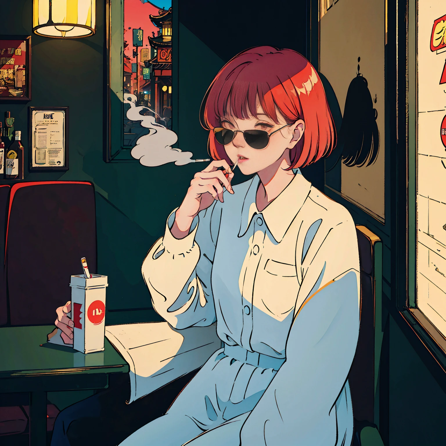 Beautiful red-haired Asian woman sitting in a restaurant at night, Visible from the window, perfect face, sunglasses, Smoking white Taylormade cigarettes, Neon Black, (backlight: 1.1), Solid shadow, Masterpiece, Highest quality, complicated, Model shooting style, vintage, Film texture, Incomplete details,smoke,cigarette