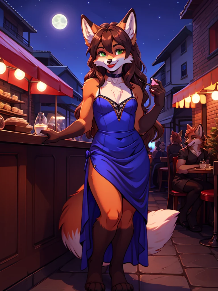 Best quality, furry male fox with green eyes, with brown long hair, with black spout, with red lipstick on lips, big lips, in a blue evening dress, crossdressing, smiles sweetly, sexy pose, in a night cafe