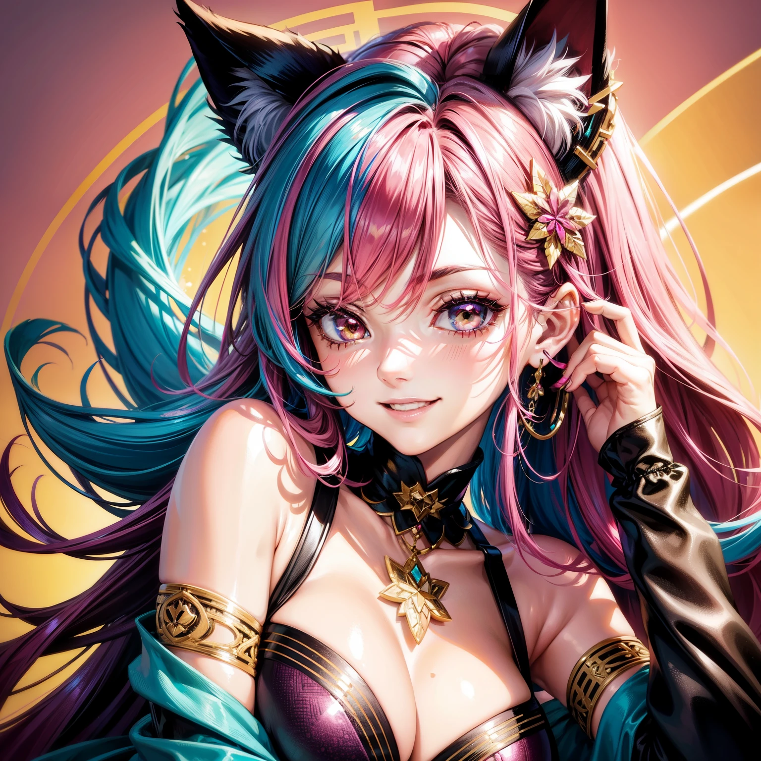 Magenta pink hair, brown eyes, older woman, hair ornaments, cat ears, long hair, smiling face, teal and gold outfit, color background, sexy, fashion