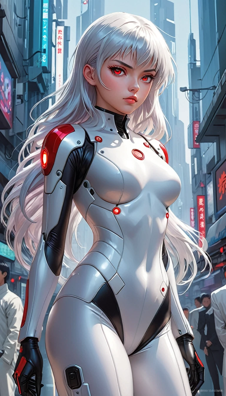 anime girl in white porcelain-like suit holding a red light, cyborg - girl with silver hair, chris moore. artgerm, ghost in the shell art style, ghost in the shell style, beautiful female android!, hajime sorayama designed girl, in white futuristic armor, moebius + artgerm, by Yoshihiko Wada, by hajime sorayama, masterpiece, highly detailed, best quality, high quality, 1girl, (solo, solo focus), grey eyes, beautiful detailed eyes, beautiful detailed face, (perfect hands, complete fingers), perfect anatomy, perfect proportions, long aqua hair, (holding uzi), detailed shadows, detailed light, (black skintight bodysuit, (red leotard), shoulder holster), (full black pantyhose, skintight black pantyhose, skintight black leggings, perfect fit), matching boots, full body, serious, full body costume design