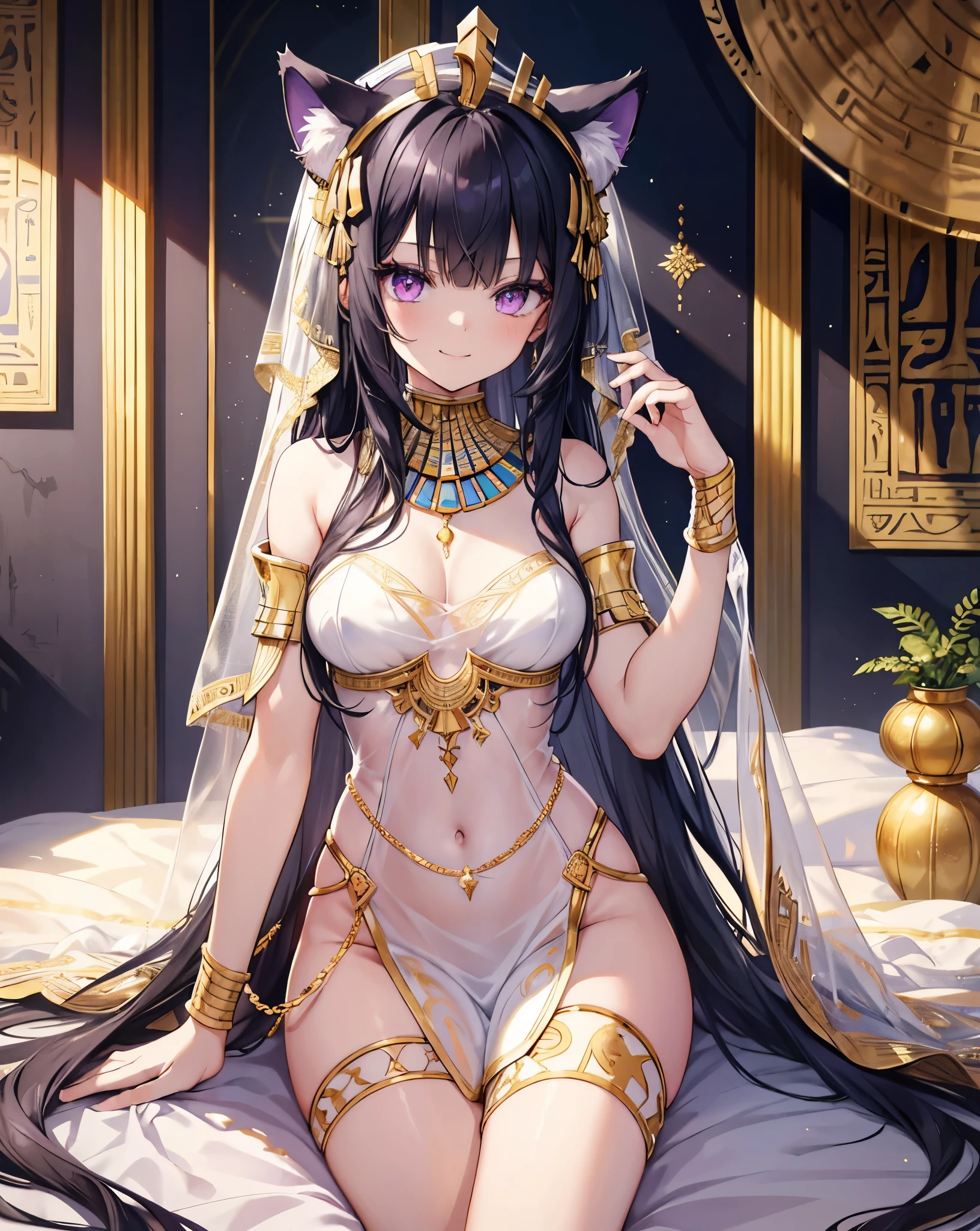 Masterpiece, best quality, ultra detailed, HDR, 8k, anime coloring book. 1girl, young ancient Egyptian girl,long black hair, neko ears, cat tail, purple eyes, detailed eyes, Mascara. She has a slim body, she wear intricate clothes, make up like an ancient Egyptian. and purple reflexes. She is doing a smile smirk.  She is the Pharaoh, set in the era of prosperity . She Wear a gold tiara. entire body shot, Stunning quality. Intricate clothes, Bare shoulders, transparent misteryous Veil over the clothes. Cool shot of her inside a bed, artistic body shot, cute face