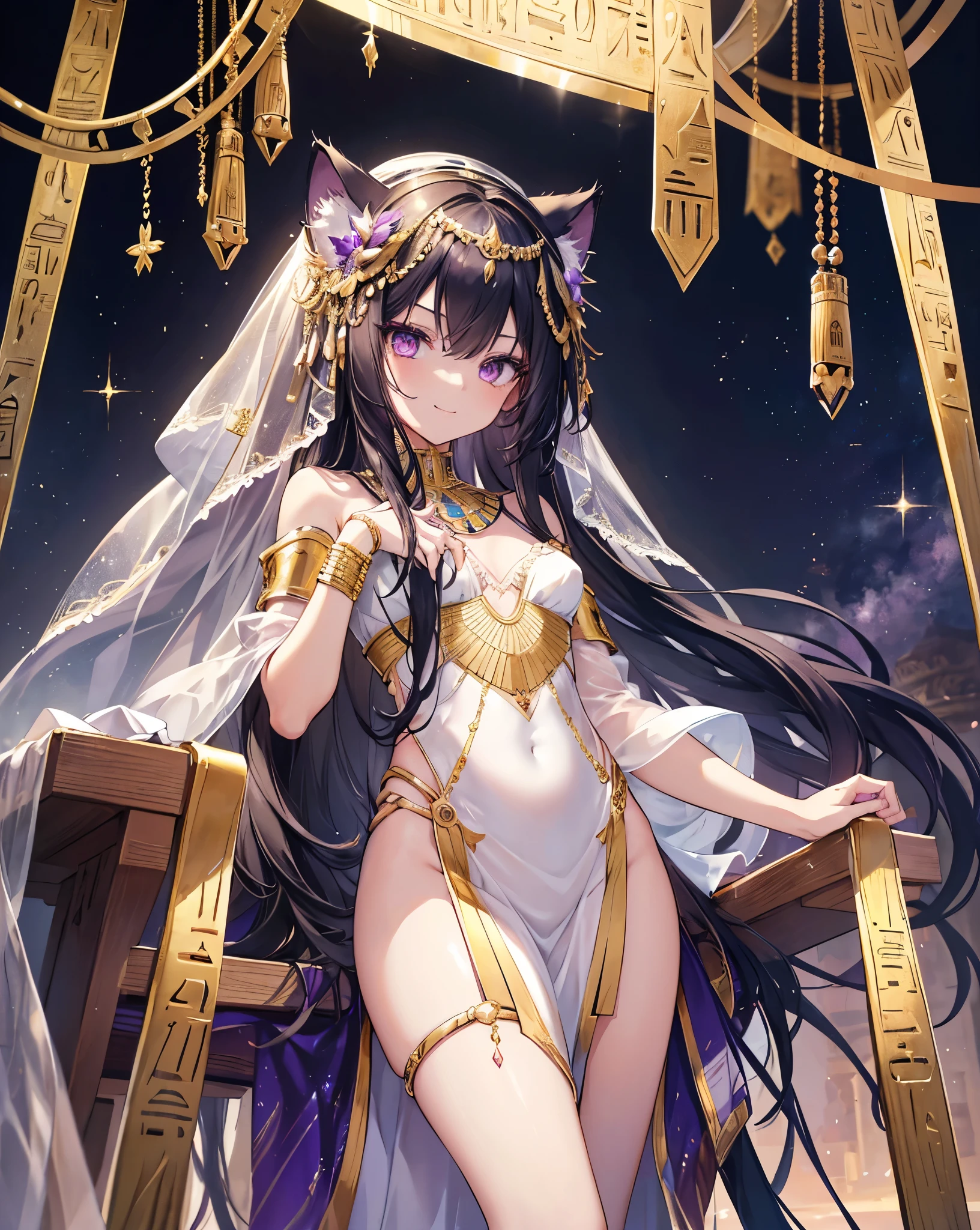 Masterpiece, best quality, ultra detailed, HDR, 8k, anime coloring book. 1girl, young ancient Egyptian girl,long black hair, neko ears, cat tail, purple eyes, detailed eyes, Mascara. She has a slim body, she wear intricate clothes, make up like an ancient Egyptian. and purple reflexes. She is doing a smile smirk. She is the Pharaoh, set in the era of prosperity . She Wear a gold tiara. entire body shot, Stunning quality. Intricate clothes, Bare shoulders, transparent misteryous Veil over the clothes. Cool shot of her inside a bed, artistic body shot, cute face