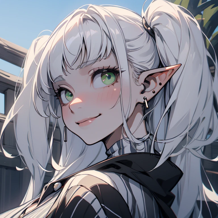 (masterpiece, high quality:1.2), best quality, frieren_frieren, 1girl, sunny, ( rolling eyes, looking up:1.2) sleepy, jewelry, pointy ears, solo, earrings, (white skin:1.3), GREEN EYES? twin tails, elf, long hair, green eyes, from side, upper body, looking upward, shirt, looking sideways, happy,(smile:1.2),closed mouth, striped, parted bangs, bangs, capelet, striped shirt, grey hair 