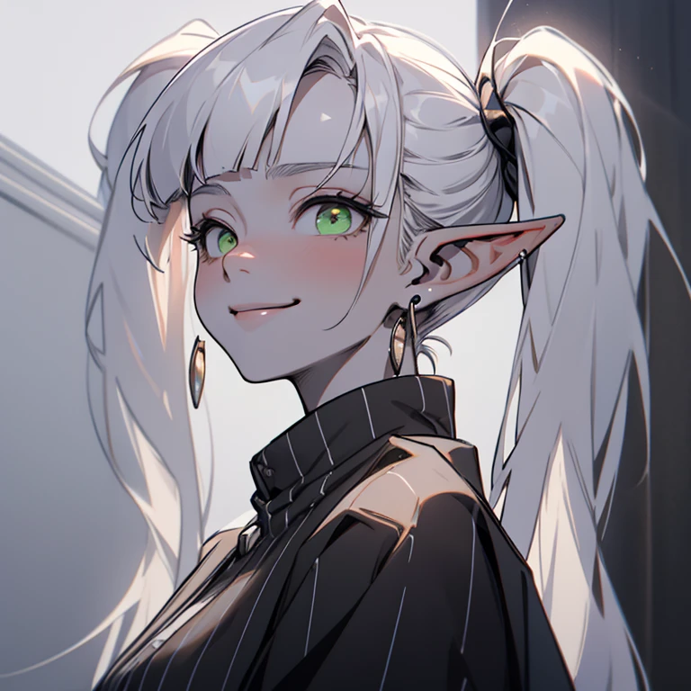 (masterpiece, high quality:1.2), best quality, frieren_frieren, 1girl, sunny, ( rolling eyes, looking up:1.2) sleepy, jewelry, pointy ears, solo, earrings, (white skin:1.3), GREEN EYES? twin tails, elf, long hair, green eyes, from side, upper body, looking upward, shirt, looking sideways, happy,(smile:1.2),closed mouth, striped, parted bangs, bangs, capelet, striped shirt, grey hair