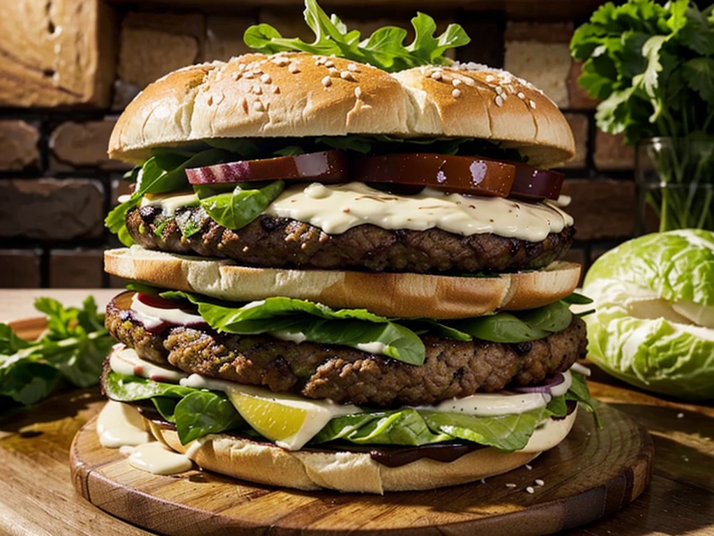 create an image of a handmade burger.Include icons or symbols that represent the idea of an artisanal burger. This could be a stylized burger, and ingredients such as lettuce leaves, tomatoes and red onion cut into strips presented on a cutting board on the side.Use colors that evoke the quality and tradition of artisanal burgers. shades of brown (for bread), rot (for meat), AND verde (for fresh ingredients) can be combined with neutral colors like black or cream for a sophisticated look.