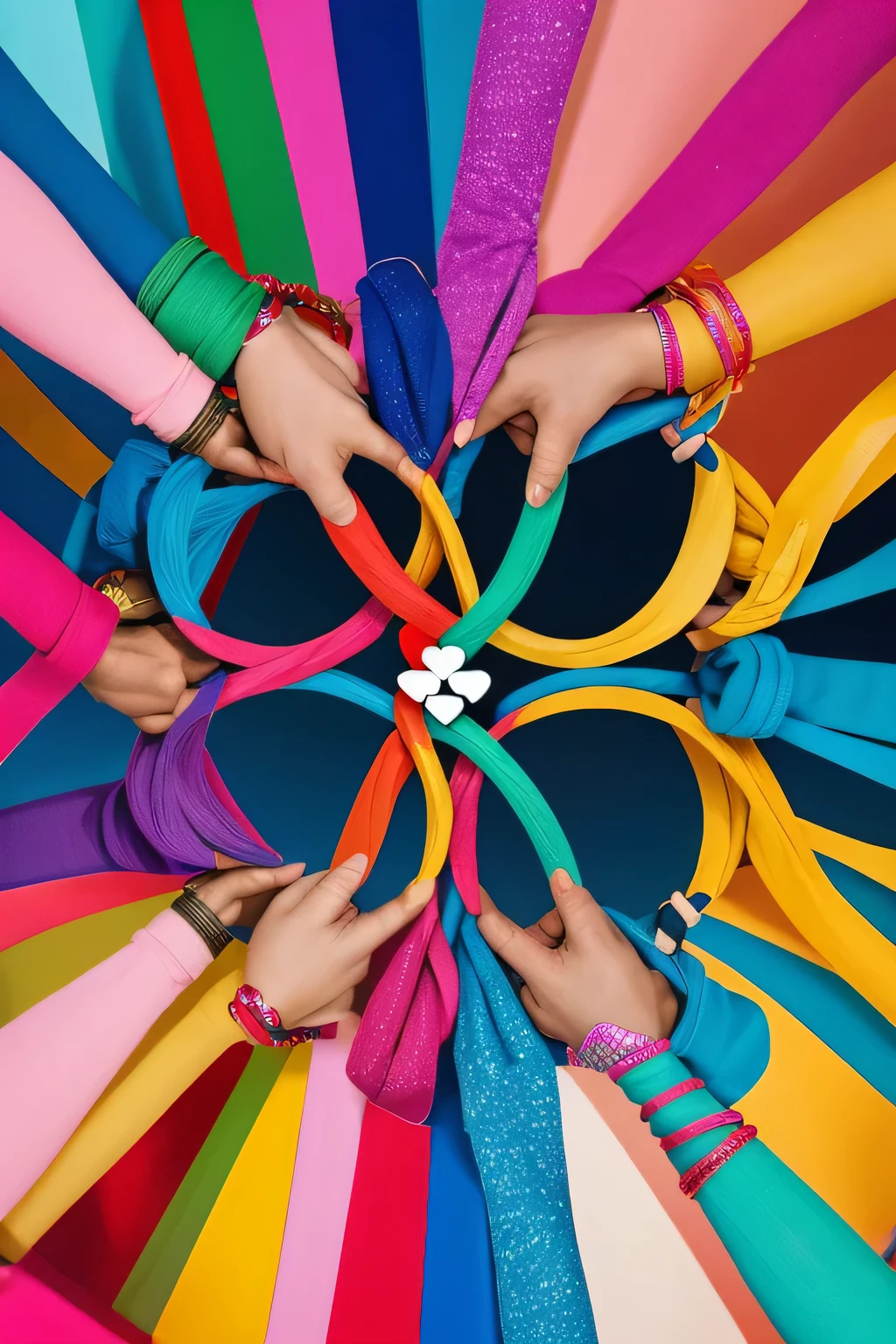 Happy Friendship Day 2024: Abstract, colorful design featuring intertwined hands and hearts, symbolizing unity and love.