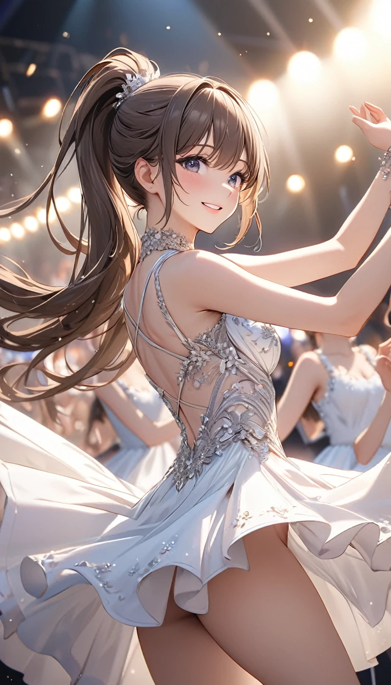 girl with high ponytail,Colored highlighted hair, dark ash brown long hair,, highly detailed eyes, White dance dress, Smile.Beautiful girls dancing gracefully on the international stage.(best quality,4K,8k,high resolution,masterpiece:1.2),Super detailed,(Practical,photoPractical,photo-Practical:1.37)