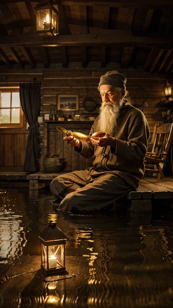 Generate an illustration of an old fisherman sitting by a tranquil river, holding a small golden fish in his hand. The background should show a cozy, warm cottage with a delicious meal on a table. The scene should evoke a sense of peace and contentment, capturing the essence of simple joys and gratitude.